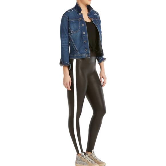 Spanx Faux Leather Side Stripe Leggings Small Black Chic Edgy High Waisted - Picture 7 of 7